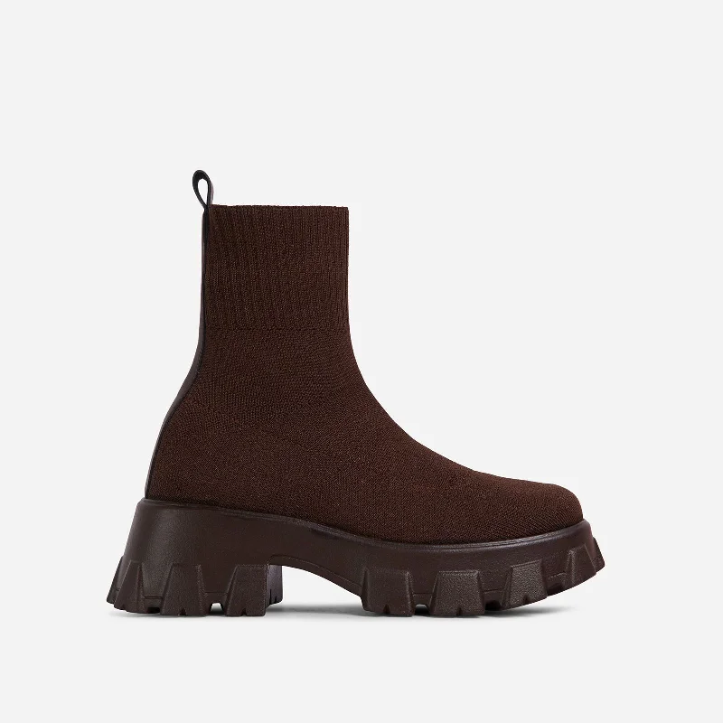 Don't-Trust Chunky Sole Ankle Chelsea Sock Biker Boot In Brown Knit