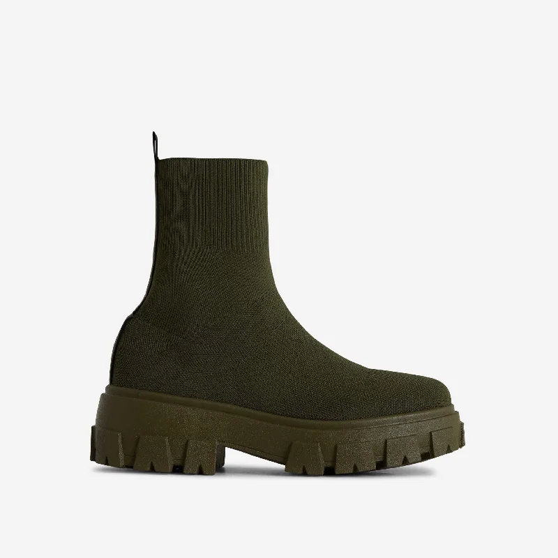 Don't-Trust Chunky Sole Ankle Chelsea Sock Biker Boot In Green Knit