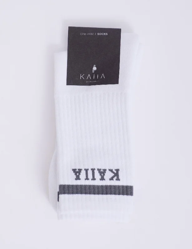 One Pair Kaiia Logo Sport Stripe Longline Socks White & Grey