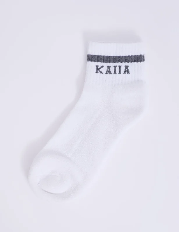 One Pair Kaiia Logo Sports Stripe Socks White & Grey