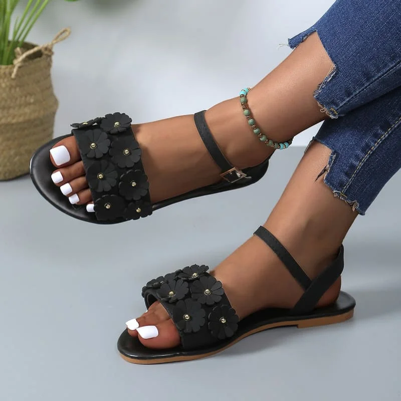 Ladies Faux Leather, Round Open Toe, Floral Design Summer Flat Sandals, Ankle Buckle